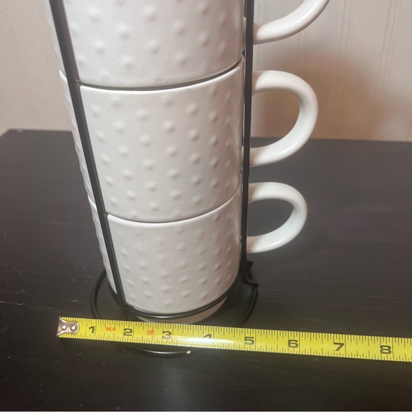 Market Finds White Hobnail Stacking Mugs Set of 4 with Black Metal Storage Stand - Picture 4 of 10